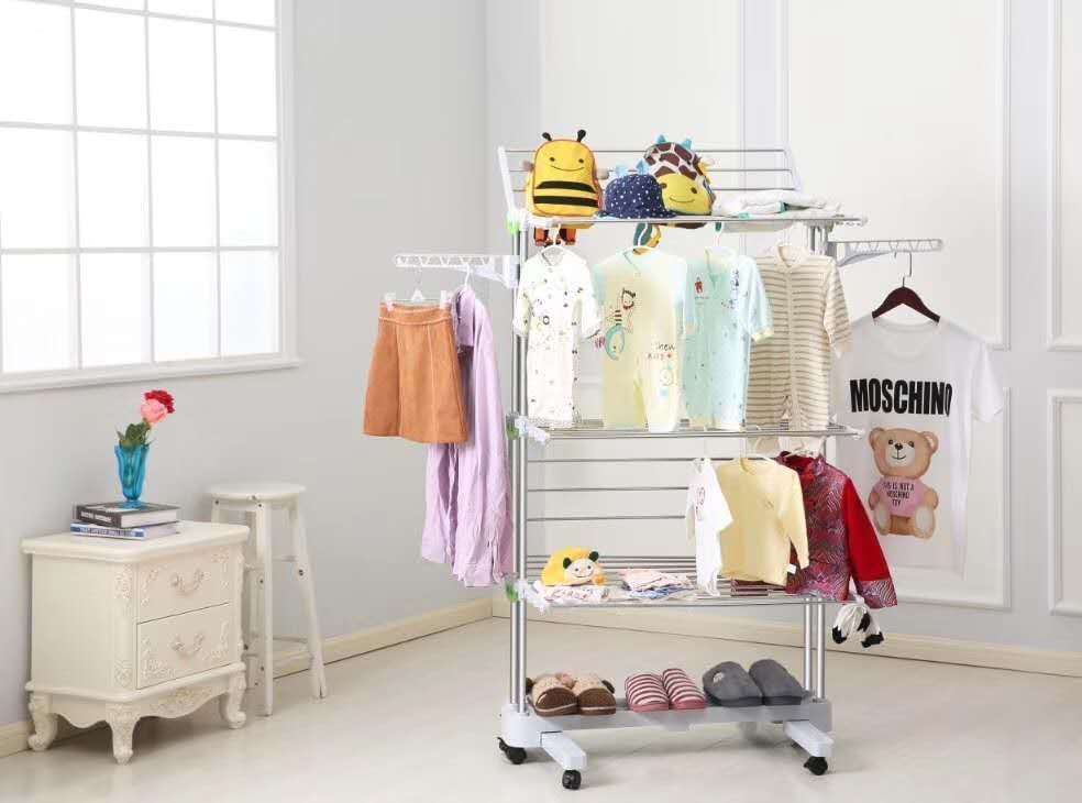 BR505 3-Tier Collapsible Clothes Drying Rack with Casters, Laundry Drying Rack, Stainless Steel Hanging Rods, Indoor & Outdoor Use