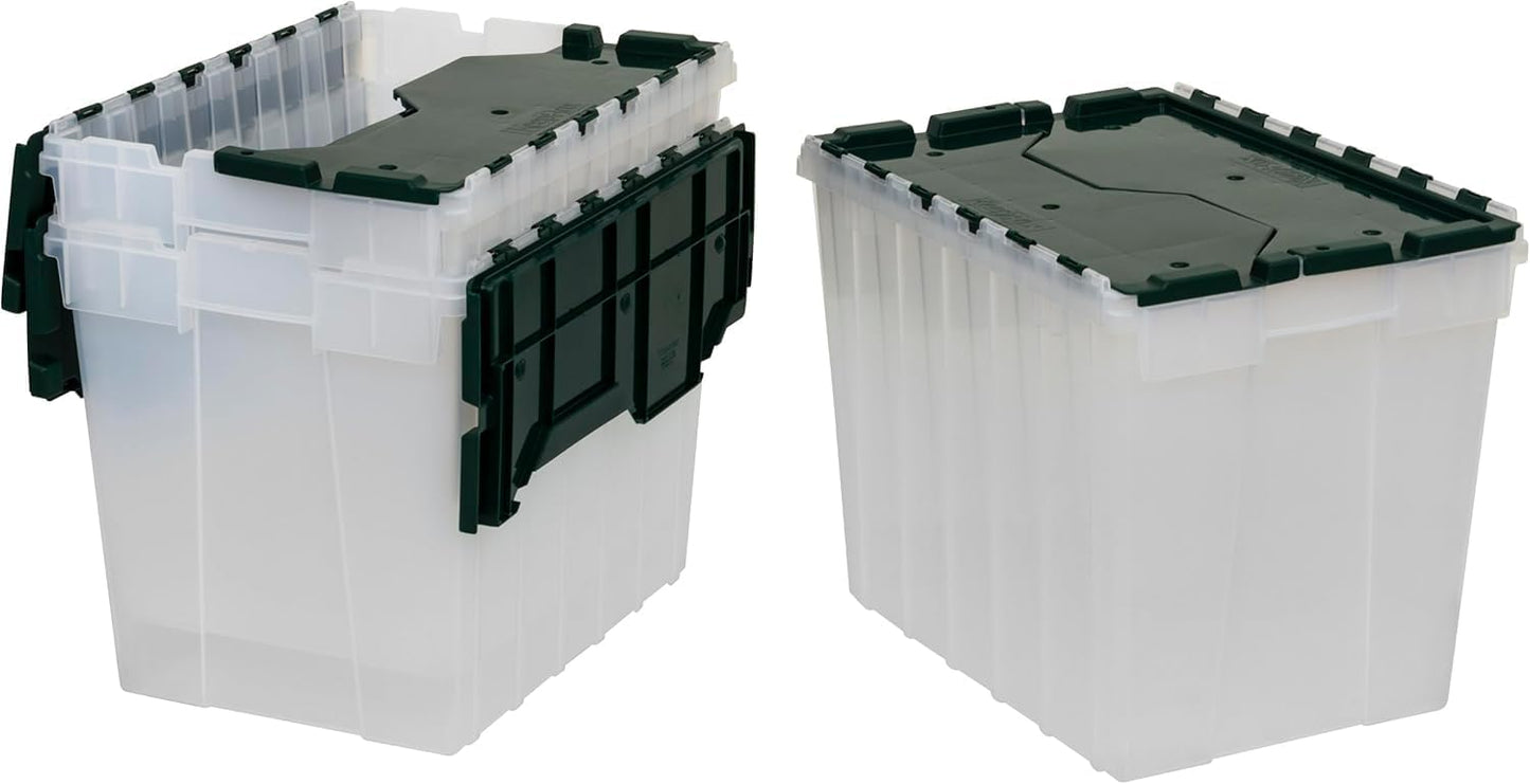 Akro-Mils KeepBox 18 Gallon Storage Container, Nesting and Stackable Plastic Storage Box with Lid Attached, Clear Tote for Garages, Closets, and Moving, 21" x 15" x 17", Clear/Green