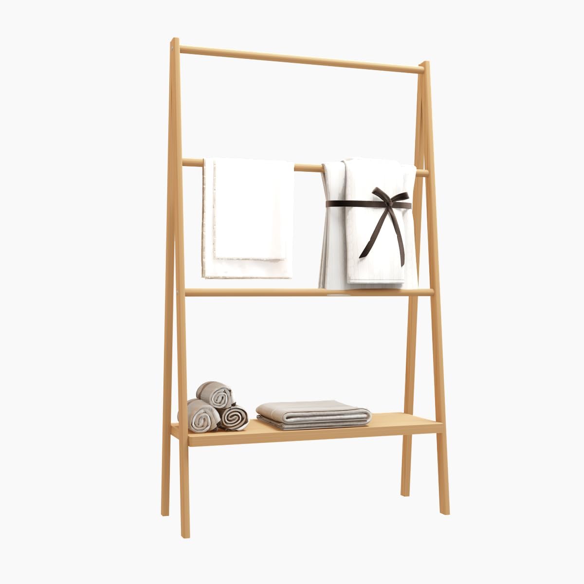 AMNOOL Bamboo Ladder Towel Rack with Storage Rack Freestanding Towel Rack Bathroom Towel Drying Rack Towel Rack Stand Towel Ladder for Bathroom Balcony Yard Terrace, Natural