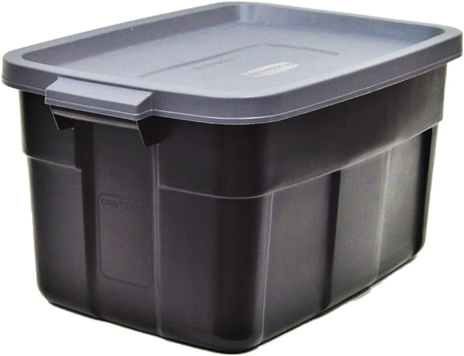Rubbermaid 6-Pack Totes for Storage with Lids, Heavy Duty Plastic Storage Bins with Lids, Black Gray, 10 GAL - Stackable for Garage, Attic, Camping (10 GAL - 6 Pack Solid Black and Grey)