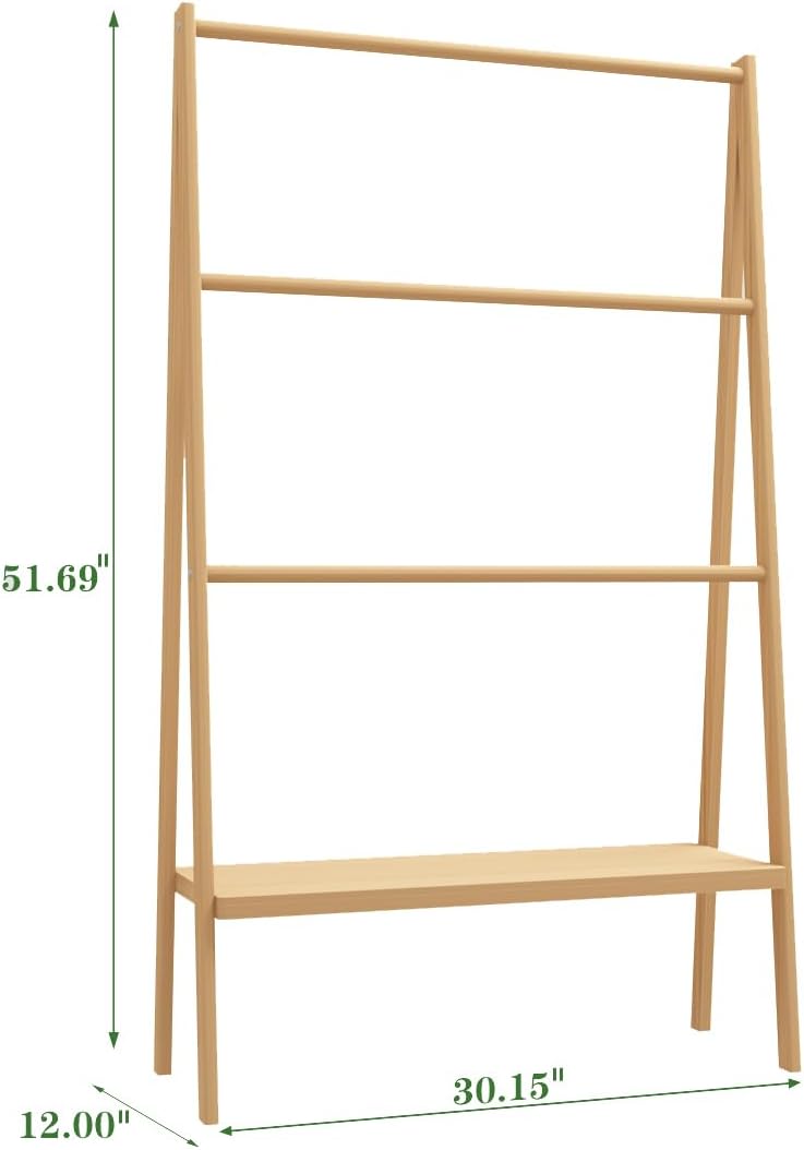 AMNOOL Bamboo Ladder Towel Rack with Storage Rack Freestanding Towel Rack Bathroom Towel Drying Rack Towel Rack Stand Towel Ladder for Bathroom Balcony Yard Terrace, Natural