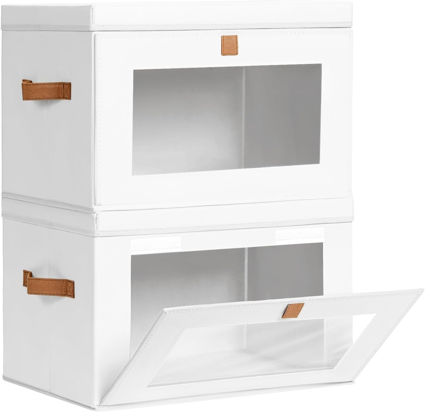 Large Closet Storage Organizer - Clothes Storage Bins with Handles & Window, Collapsible Decorative Boxes with Lids, Fabric Containers for Living Room, Dorm, 2 Pack, Beige