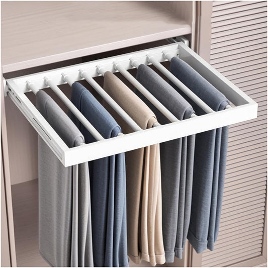 Pull Out Pants Rack for Closet, Retractable Clothes Trousers Hanger Above Washing Machine, Space Saving Aluminum Alloy Wardrobe Drying Rack Organizer (White, for 17.7"~23.6" Opening)