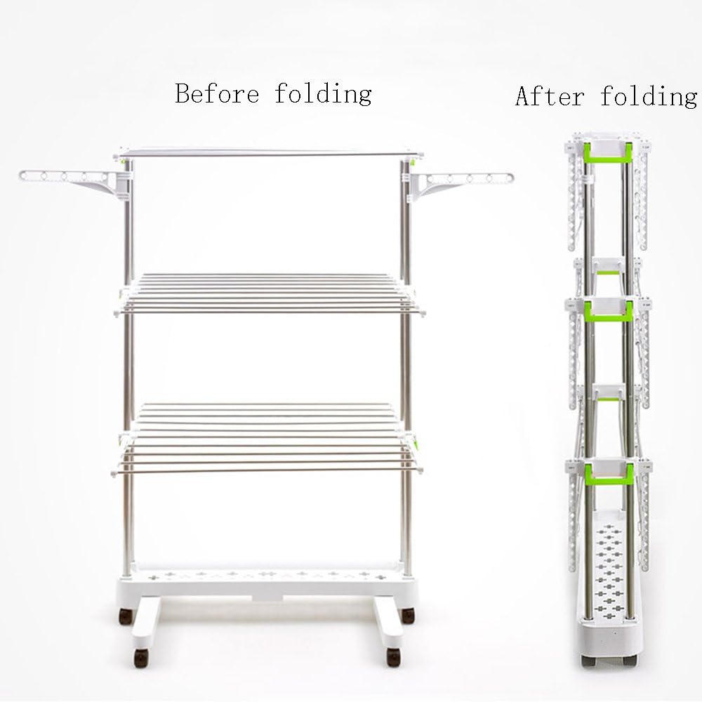 BR505 3-Tier Collapsible Clothes Drying Rack with Casters, Laundry Drying Rack, Stainless Steel Hanging Rods, Indoor & Outdoor Use