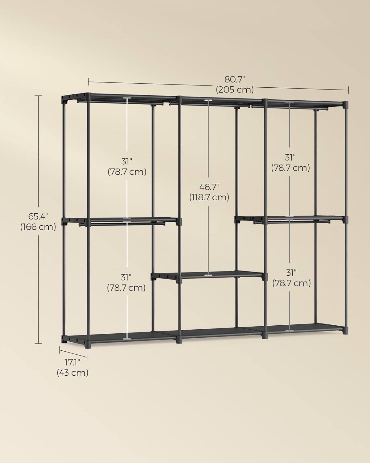 SONGMICS Portable Closet, Freestanding Closet Organizer, Clothes Rack with Shelves, Hanging Rods, Storage Organizer, for Cloakroom, Bedroom, 80.7 x 17.1 x 65.4 Inches, Black URYG035B01