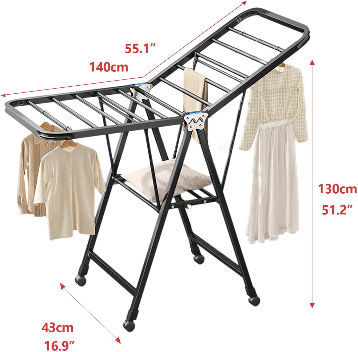 Folding Clothes Drying Rack with Height-Adjustable,Outdoor Large Capacity Convenient Rack, Solid Carbon Steel Material Suitable for Garden, Terrace, Balcony, Living Room (140cm Black)