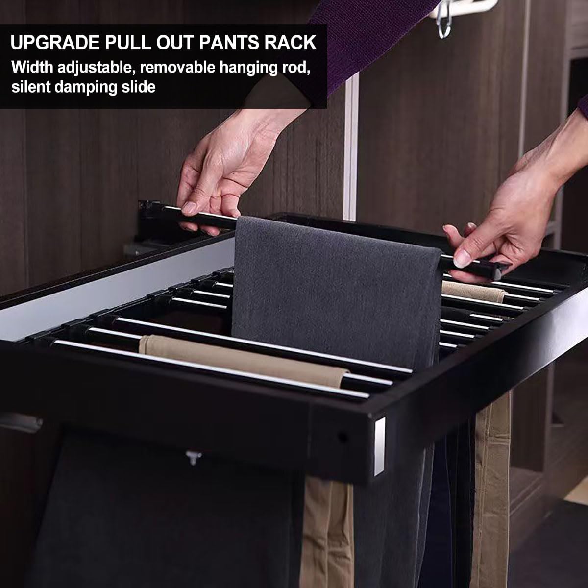 Pull Out Pants Rack for Closet, Retractable Wardrobe Trousers Rack Jeans Hanger for Cabinet Inner Width 33.5"~47.2", Space Saving Aluminum Alloy Closet Organizer (Black)