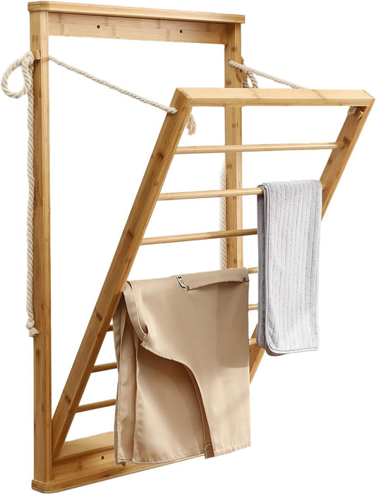 Clothes Drying Rack, Foldable Bamboo Wall Mounted Laundry Rack – Space-Saving, Drop-Down Design – 23" Wide, 40.9" High – Sturdy & Elegant for Home, Laundry Room & Bathroom