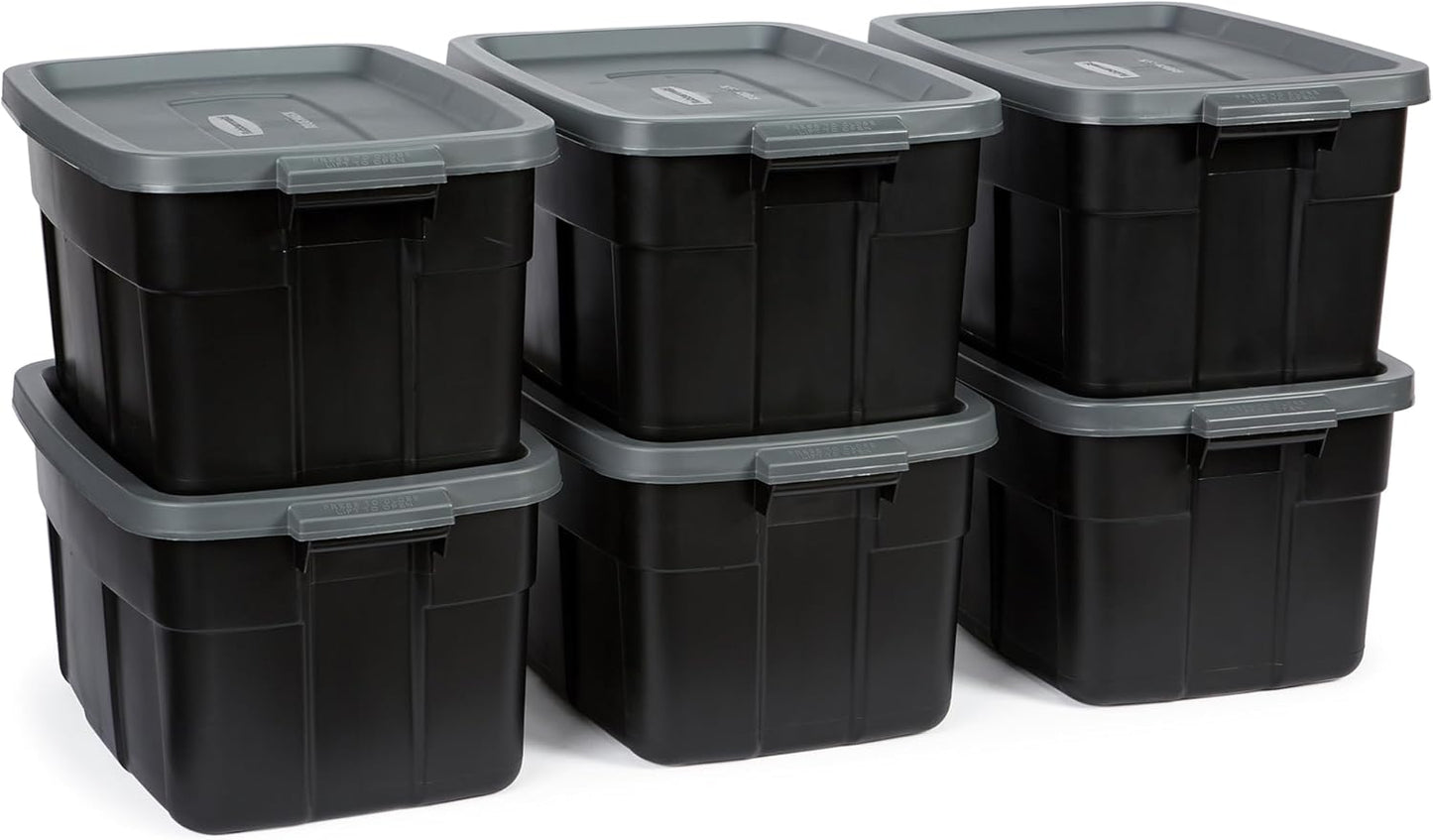 Rubbermaid 6-Pack Totes for Storage with Lids, Heavy Duty Plastic Storage Bins with Lids, Black Gray, 10 GAL - Stackable for Garage, Attic, Camping (10 GAL - 6 Pack Solid Black and Grey)