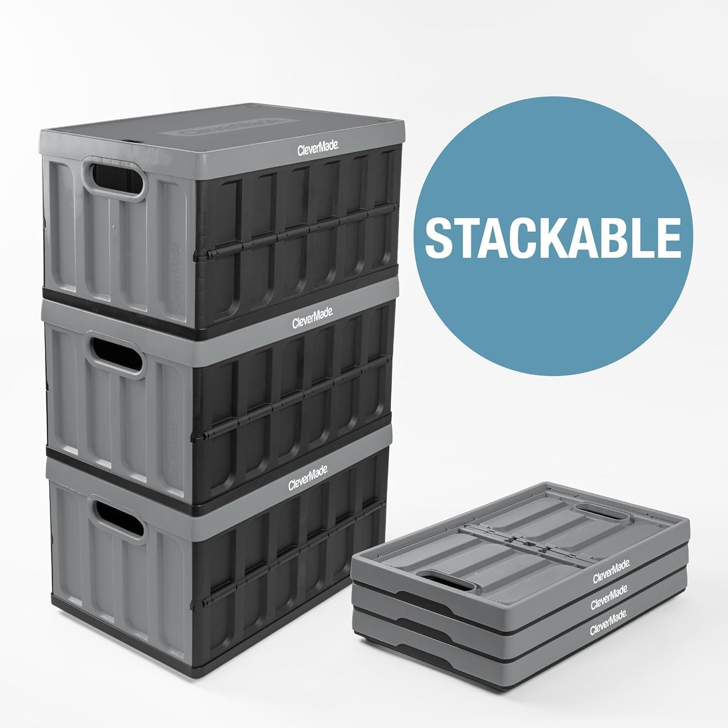 CleverMade Collapsible Storage Bins with Lids - Stone 3 Pack 46L - Plastic Containers Stackable Organization Crates Home Closet Space-Saving Durable