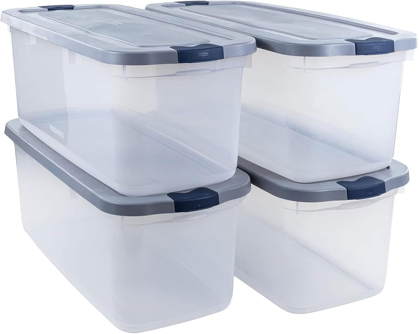 Rubbermaid Roughneck Clear 66 Qt/16.5 Gal Storage Containers, Pack of 4 with Latching Grey Lids, Visible Base, Sturdy and Stackable, Great for Storage and Organization