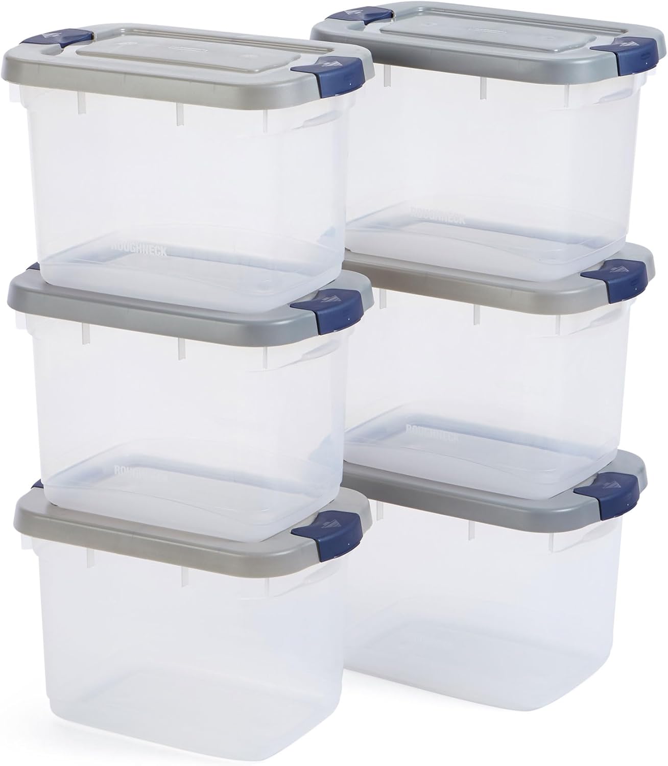 Rubbermaid Roughneck Clear 66 Qt/16.5 Gal Storage Containers, Pack of 4 with Latching Grey Lids, Visible Base, Sturdy and Stackable, Great for Storage and Organization