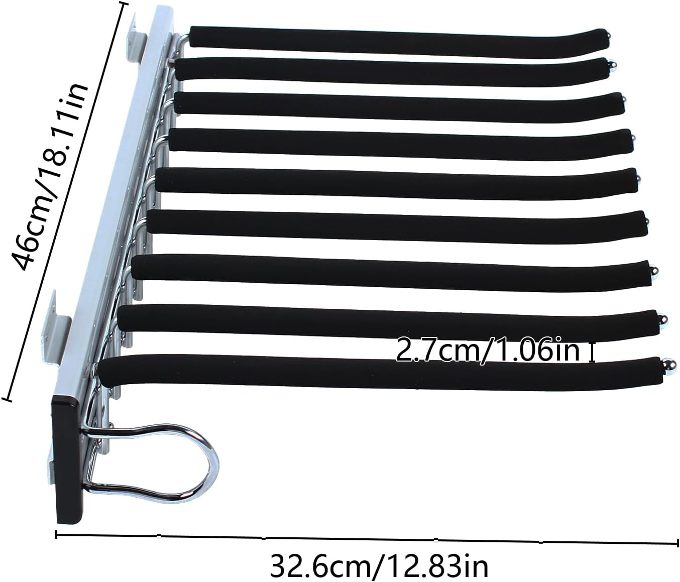 Wardrobe Pull Out Trousers Rack 9 Arms Steel Pants Rack Closet Pants Organizers Top Mounted Trousers Rack Space Saving for Cloakroom Wardrobe Bedroom(Left Side Mounts, 12.83inx18.11iin)