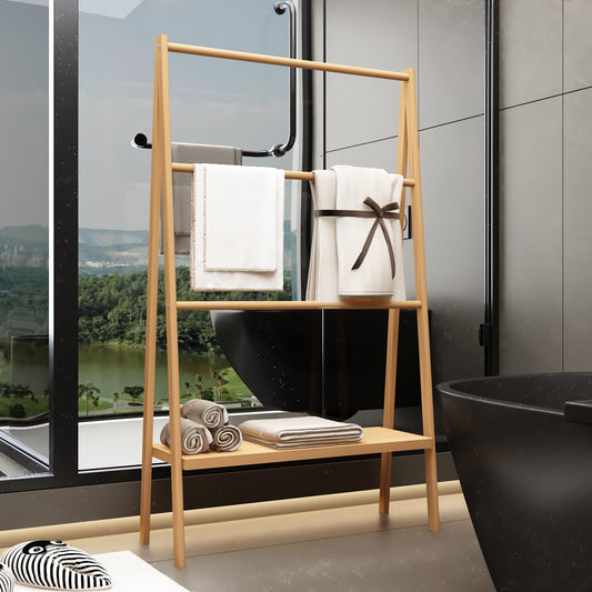 AMNOOL Bamboo Ladder Towel Rack with Storage Rack Freestanding Towel Rack Bathroom Towel Drying Rack Towel Rack Stand Towel Ladder for Bathroom Balcony Yard Terrace, Natural