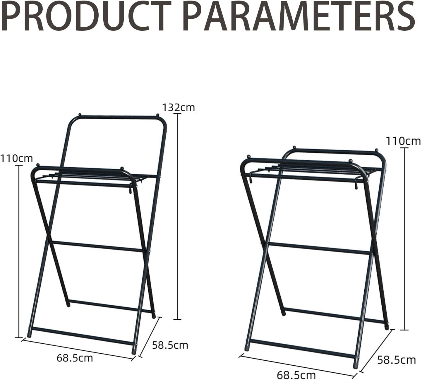 Folding Clothes Drying Rack, Movable Clothes Drying Rack, Height 110 cm/132 cm, Ample Drying Space, can be Used Indoors and Outdoors, Suitable for Living Room, Balcony, Porch, Terrace(Black,Short)