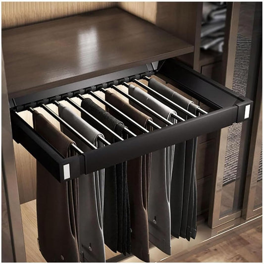 Pull Out Pants Rack for Closet, Retractable Wardrobe Trousers Rack Jeans Hanger for Cabinet Inner Width 33.5"~47.2", Space Saving Aluminum Alloy Closet Organizer (Black)