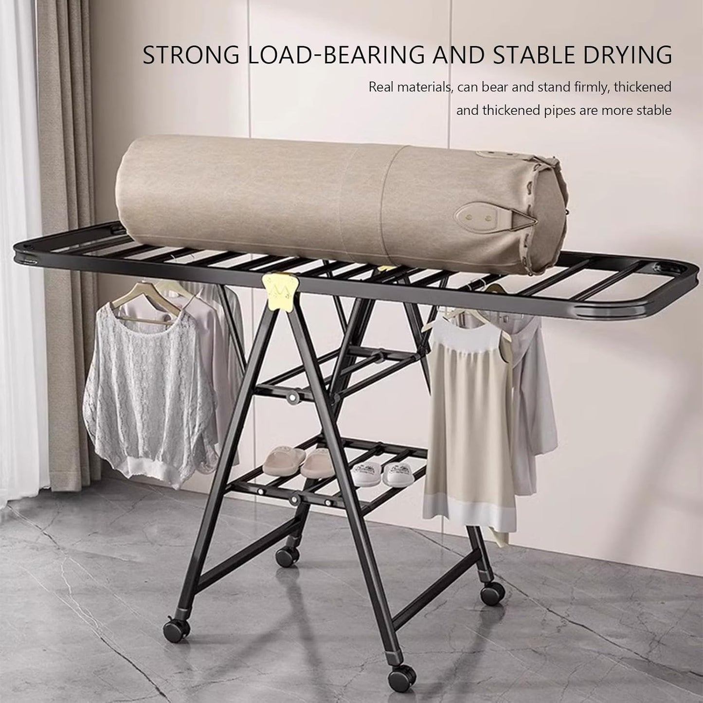 Folding Clothes Drying Rack with Height-Adjustable,Outdoor Large Capacity Convenient Rack, Solid Carbon Steel Material Suitable for Garden, Terrace, Balcony, Living Room (140cm Black)