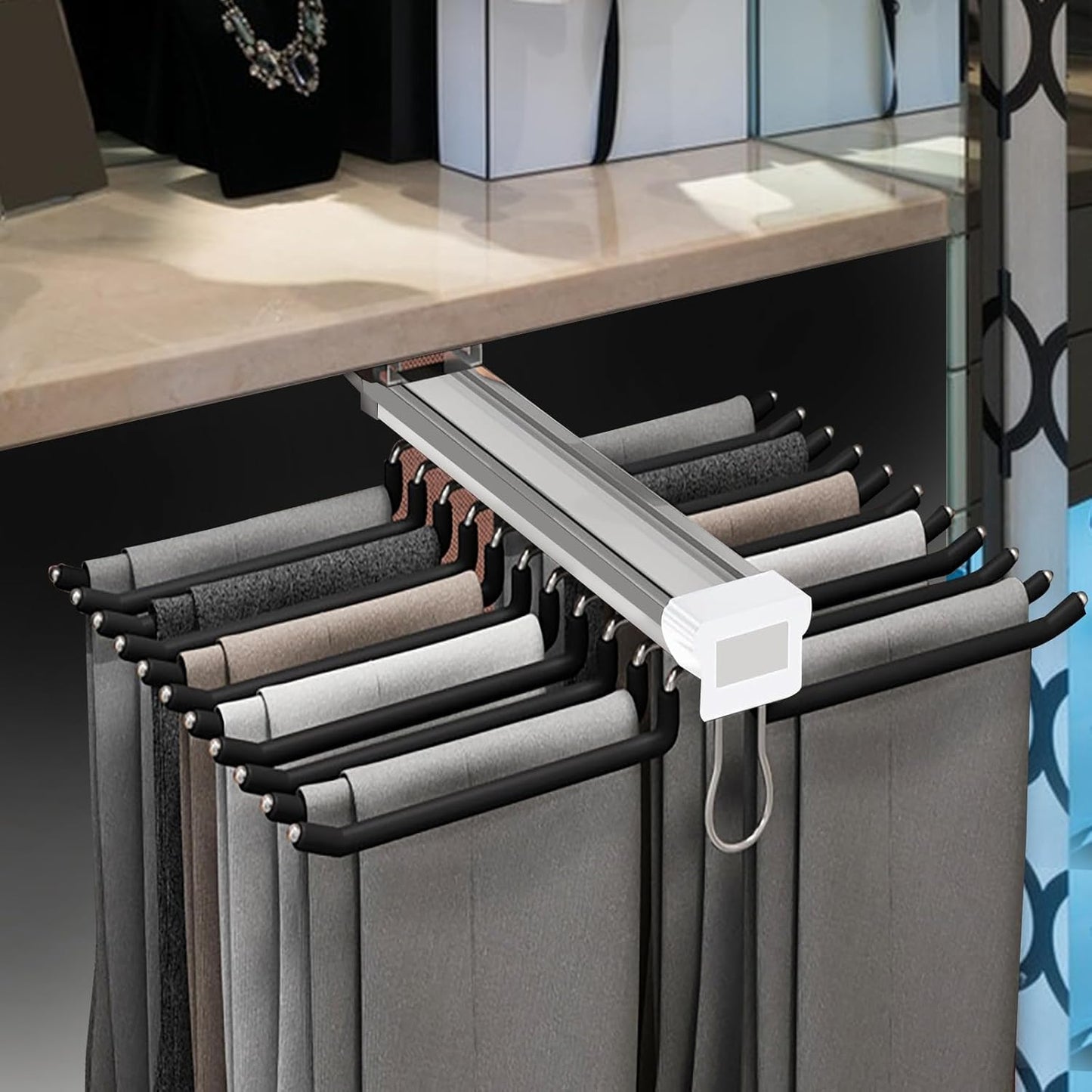 Wardrobe Pull Out Trousers Rack 9 Arms Steel Pants Rack Closet Pants Organizers Top Mounted Trousers Rack Space Saving for Cloakroom Wardrobe Bedroom(Left Side Mounts, 12.83inx18.11iin)