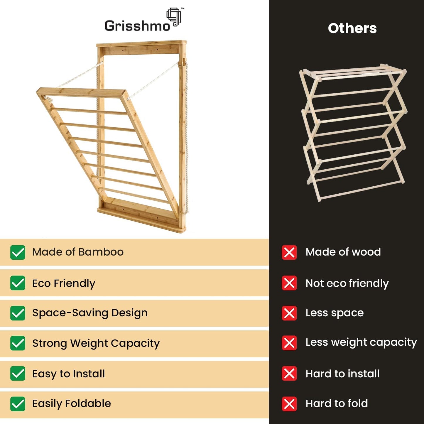 Clothes Drying Rack, Foldable Bamboo Wall Mounted Laundry Rack – Space-Saving, Drop-Down Design – 23" Wide, 40.9" High – Sturdy & Elegant for Home, Laundry Room & Bathroom