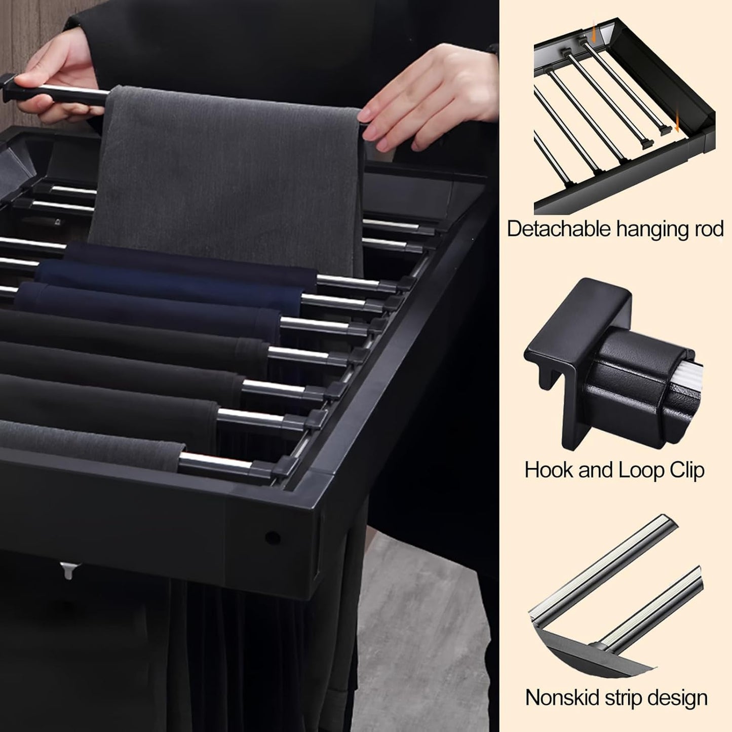23.6-33.4" Pull Out Trousers Rack for Closet, Space Saving Wardrobe Pants Hangers, Black Adjustable Width Retractable Jeans Organizer