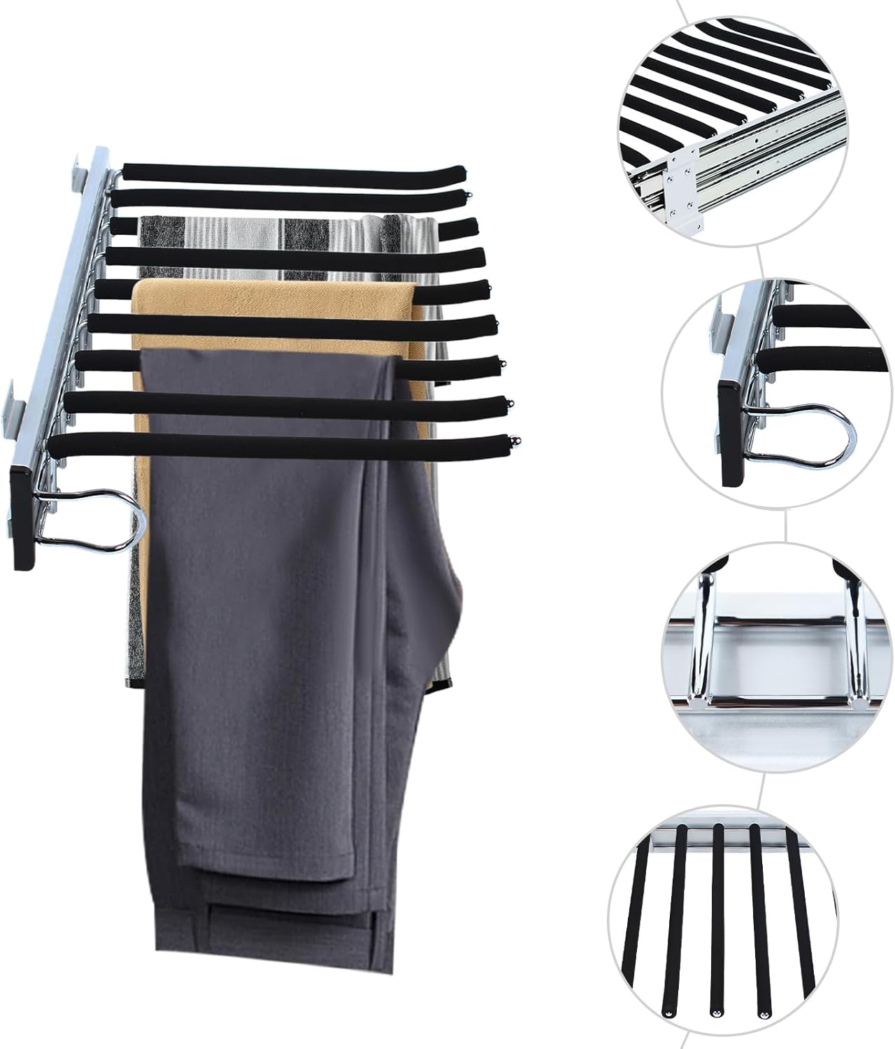 Wardrobe Pull Out Trousers Rack 9 Arms Steel Pants Rack Closet Pants Organizers Top Mounted Trousers Rack Space Saving for Cloakroom Wardrobe Bedroom(Left Side Mounts, 12.83inx18.11iin)