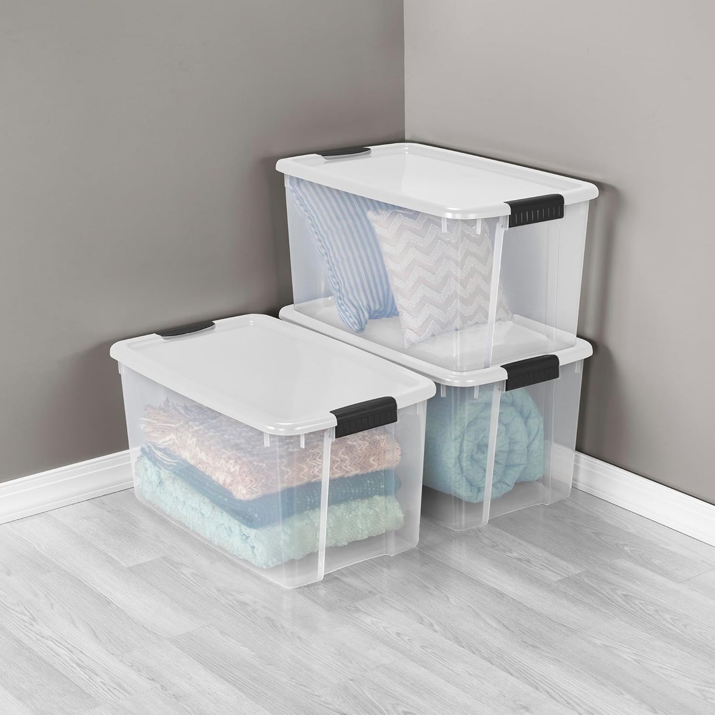 Sterilite 4 Pack Ultra Latching Box, Storage Bins with Lids, Clear Plastic, 70 Quart - Heavy-Duty Organizing Containers for Closet, Bathroom, and Office