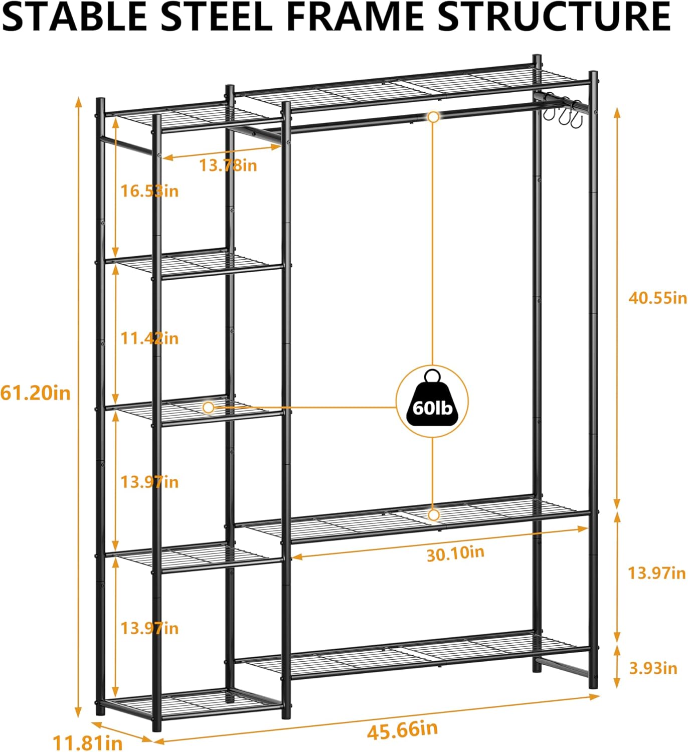 Wardrobe Closet,Portable Clothes Rack with 4 Tiers Shelves,Freestanding Closet Organizers and Storage System with Hanging Rods,Steel Clothing Rack Suitable for Cloakrooms,Bedrooms,Entrances,etc.Black