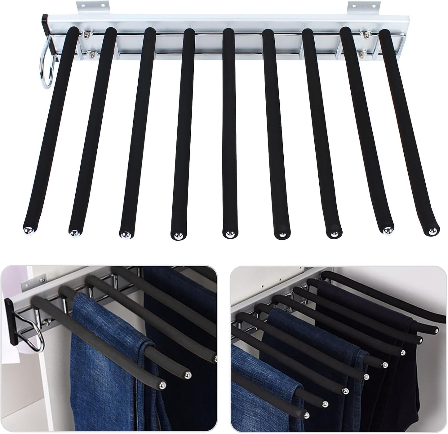 Wardrobe Pull Out Trousers Rack 9 Arms Steel Pants Rack Closet Pants Organizers Top Mounted Trousers Rack Space Saving for Cloakroom Wardrobe Bedroom(Left Side Mounts, 12.83inx18.11iin)