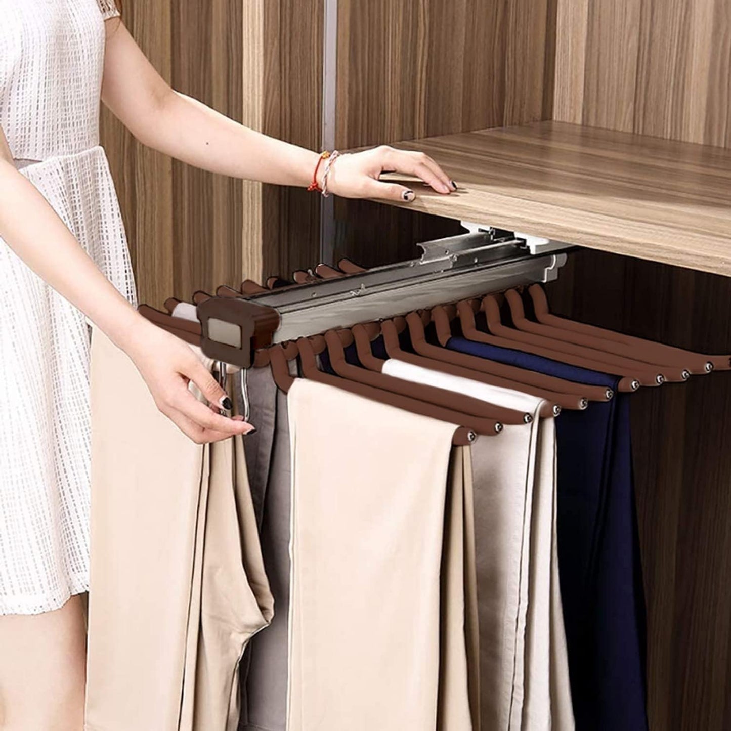 MYOYAY Pull Out Trousers Rack 22 Arms Steel Pull Out Pants Rack Pants Hanger Bar Clothes Organizers for Closet for Space Saving and Storage Maximum Load 33lbs Beige 23.4x18x5.7inch