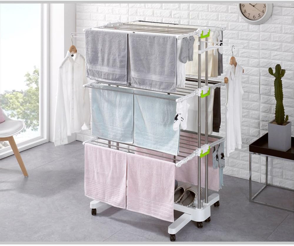 BR505 3-Tier Collapsible Clothes Drying Rack with Casters, Laundry Drying Rack, Stainless Steel Hanging Rods, Indoor & Outdoor Use