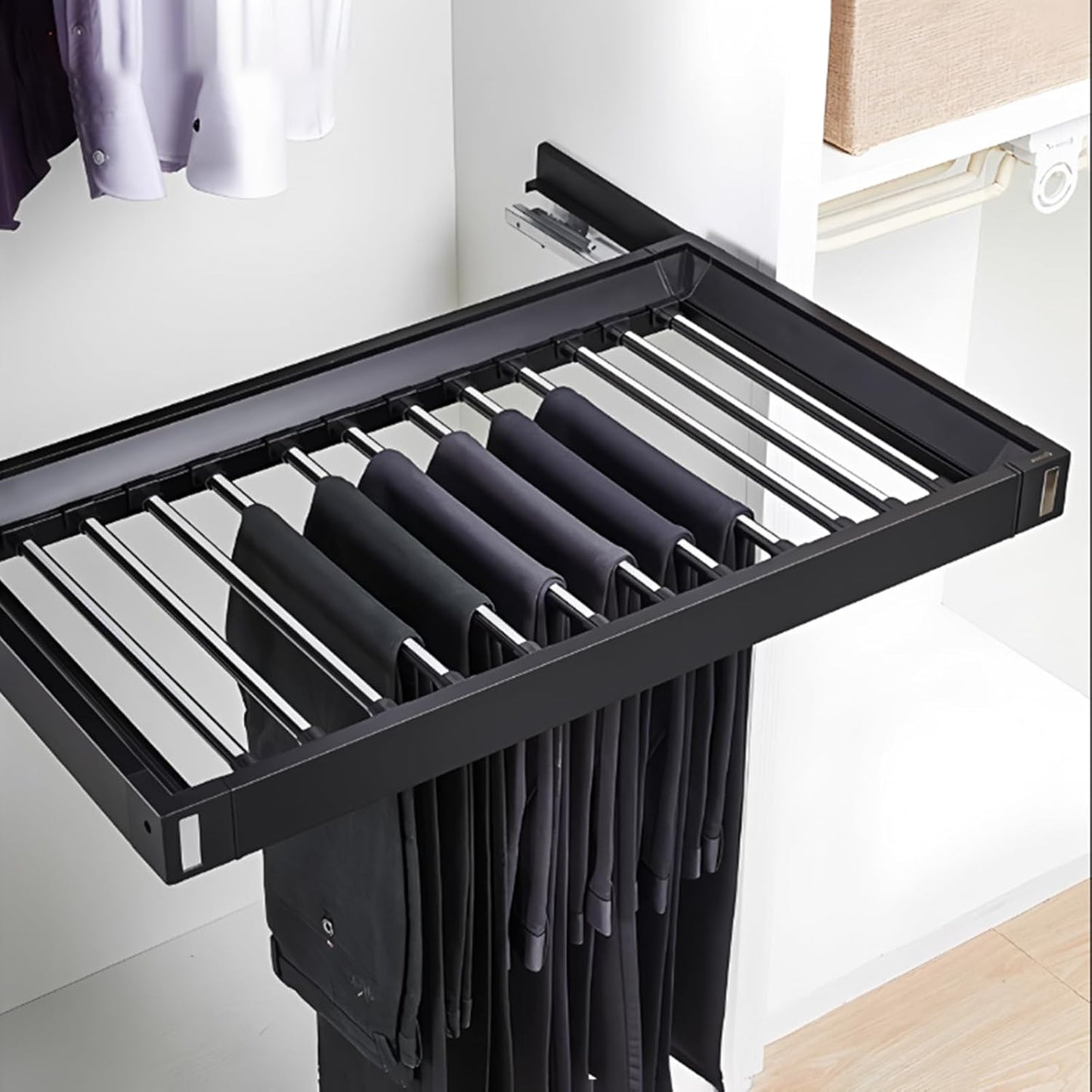 23.6-33.4" Pull Out Trousers Rack for Closet, Space Saving Wardrobe Pants Hangers, Black Adjustable Width Retractable Jeans Organizer