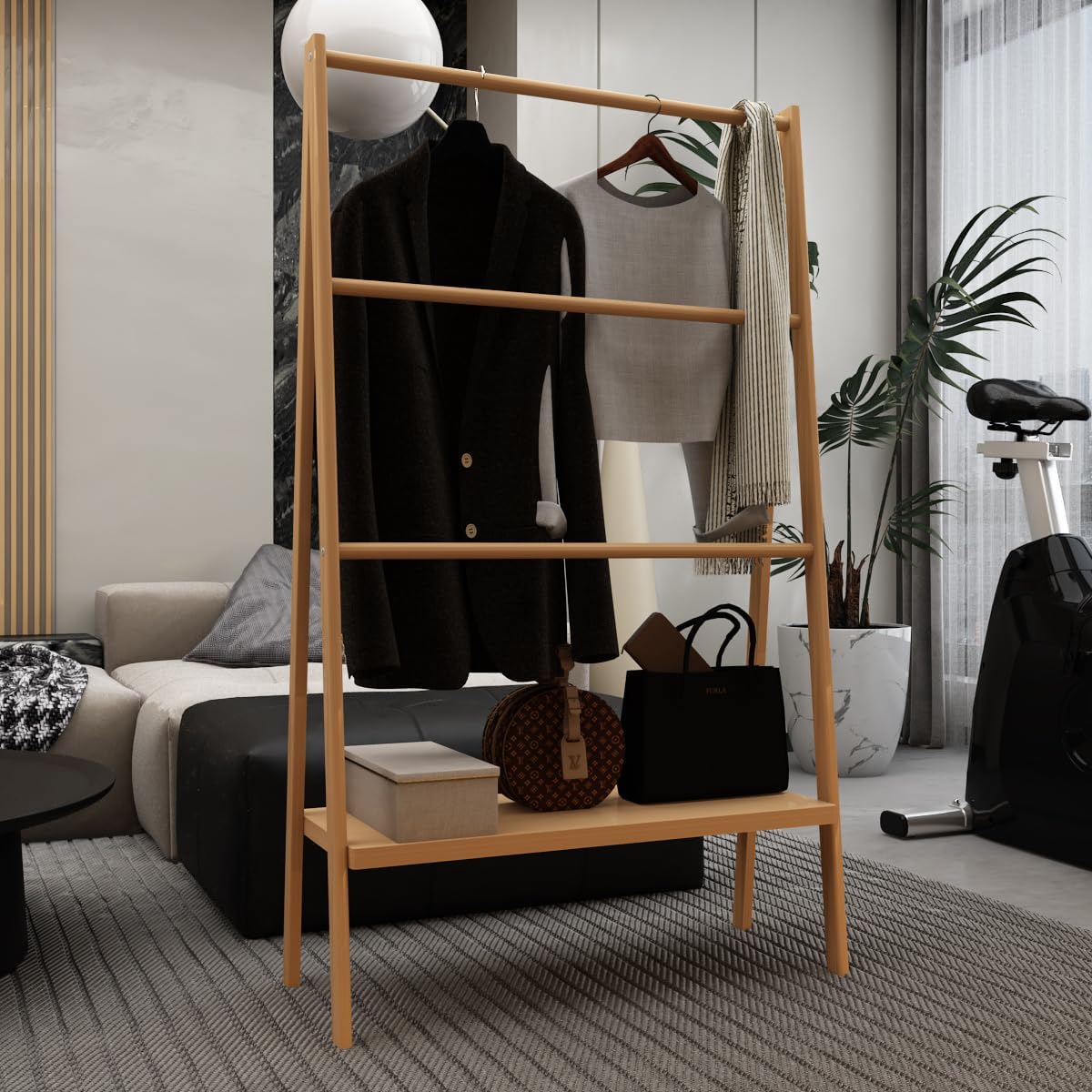 AMNOOL Bamboo Ladder Towel Rack with Storage Rack Freestanding Towel Rack Bathroom Towel Drying Rack Towel Rack Stand Towel Ladder for Bathroom Balcony Yard Terrace, Natural