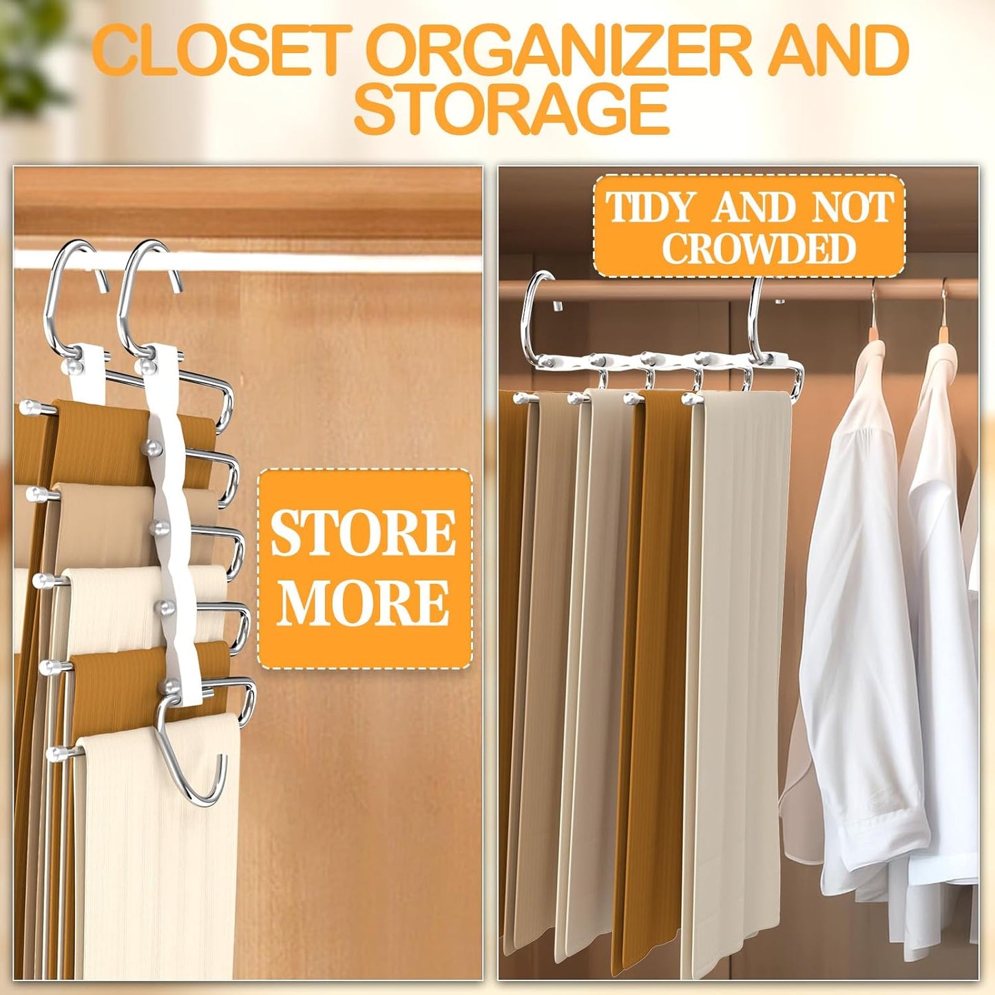 Pants Hangers, 4 Pack, Stainless Steel, Closet Organizers and Storage, Space Saving Hanger for Jeans Trousers Scarf Legging Skirts