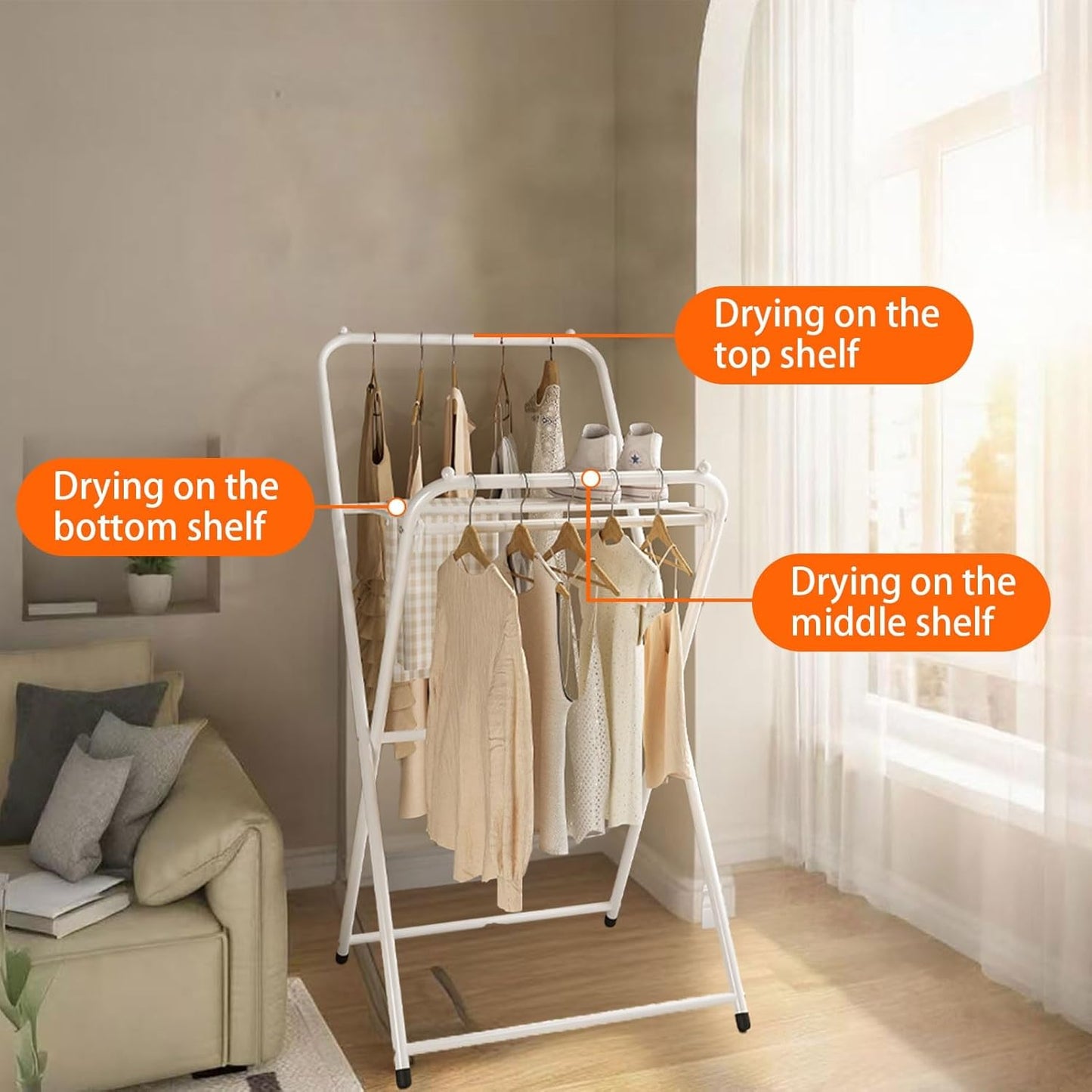 Folding Clothes Drying Rack, Movable Clothes Drying Rack, Height 110 cm/132 cm, Ample Drying Space, can be Used Indoors and Outdoors, Suitable for Living Room, Balcony, Porch, Terrace(Black,Short)