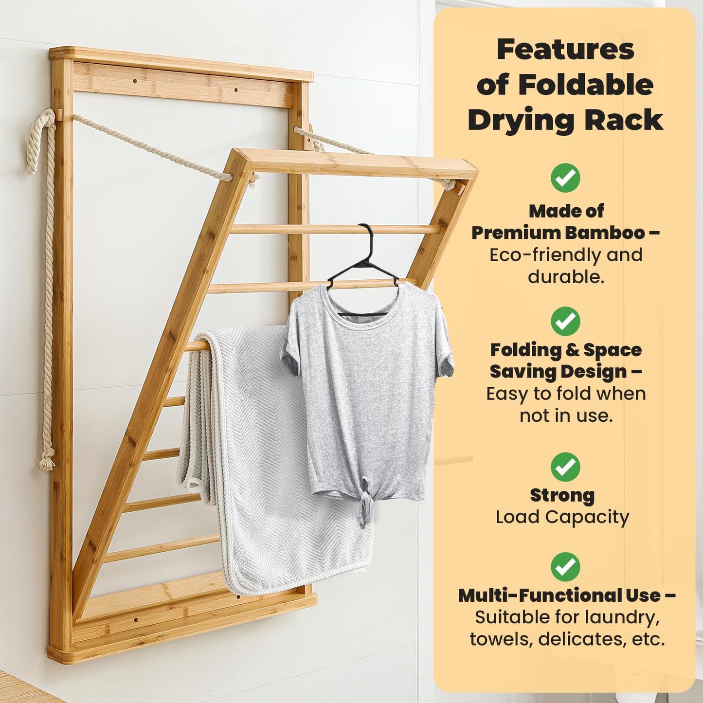 Clothes Drying Rack, Foldable Bamboo Wall Mounted Laundry Rack – Space-Saving, Drop-Down Design – 23" Wide, 40.9" High – Sturdy & Elegant for Home, Laundry Room & Bathroom