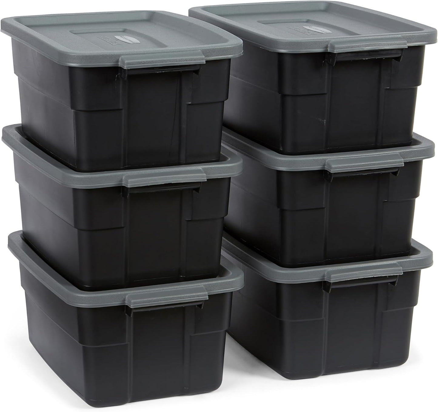 Rubbermaid 6-Pack Totes for Storage with Lids, Heavy Duty Plastic Storage Bins with Lids, Black Gray, 10 GAL - Stackable for Garage, Attic, Camping (10 GAL - 6 Pack Solid Black and Grey)