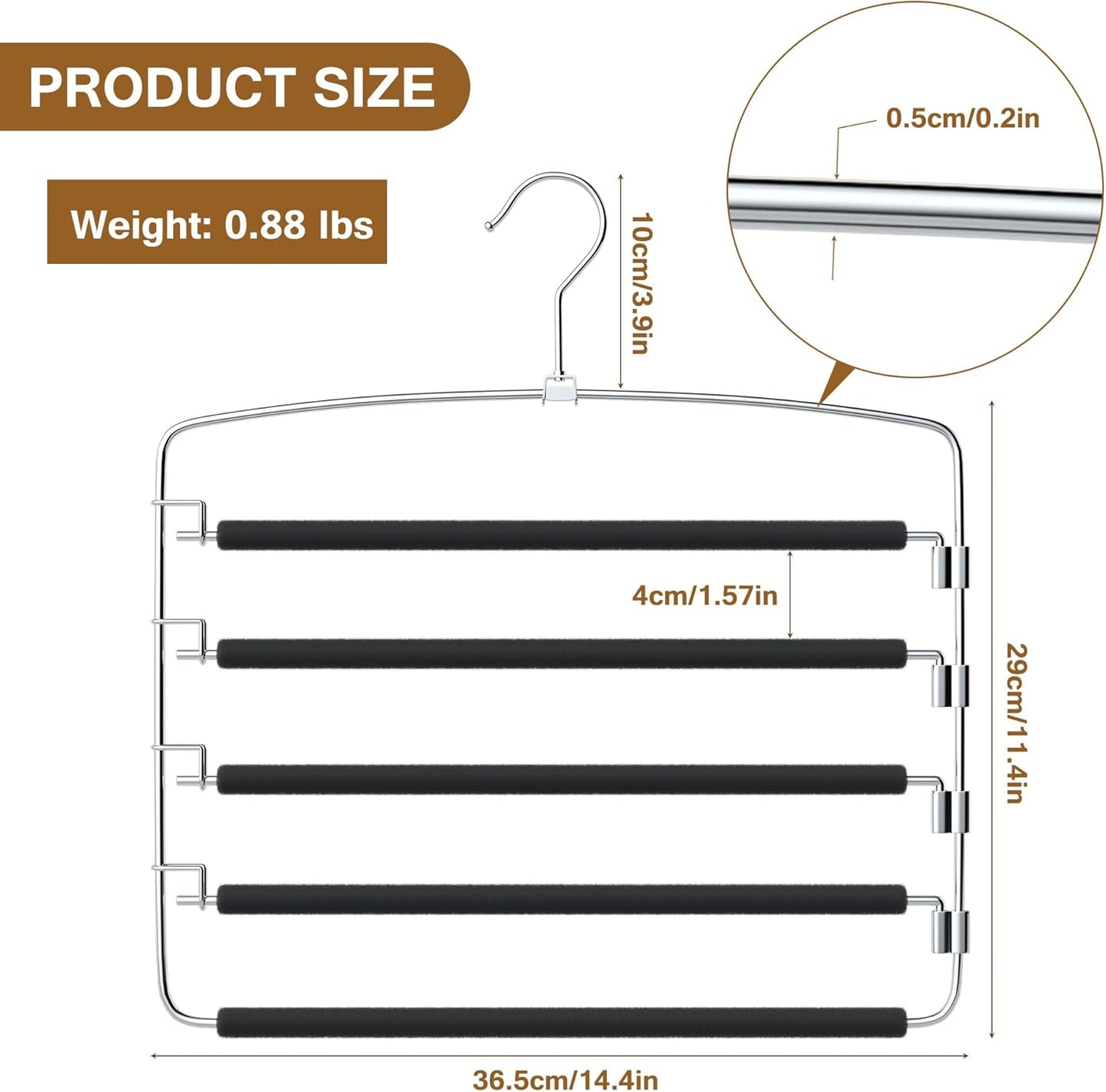Pants Hangers, 6 Pack Anti-Slip Space Saving Hangers, 5 Layer Swing Arm Pants Hanger Stainless Steel with Non-Slip Padding, Closet Organizers & Storage for Pants Trousers Jeans Scarf