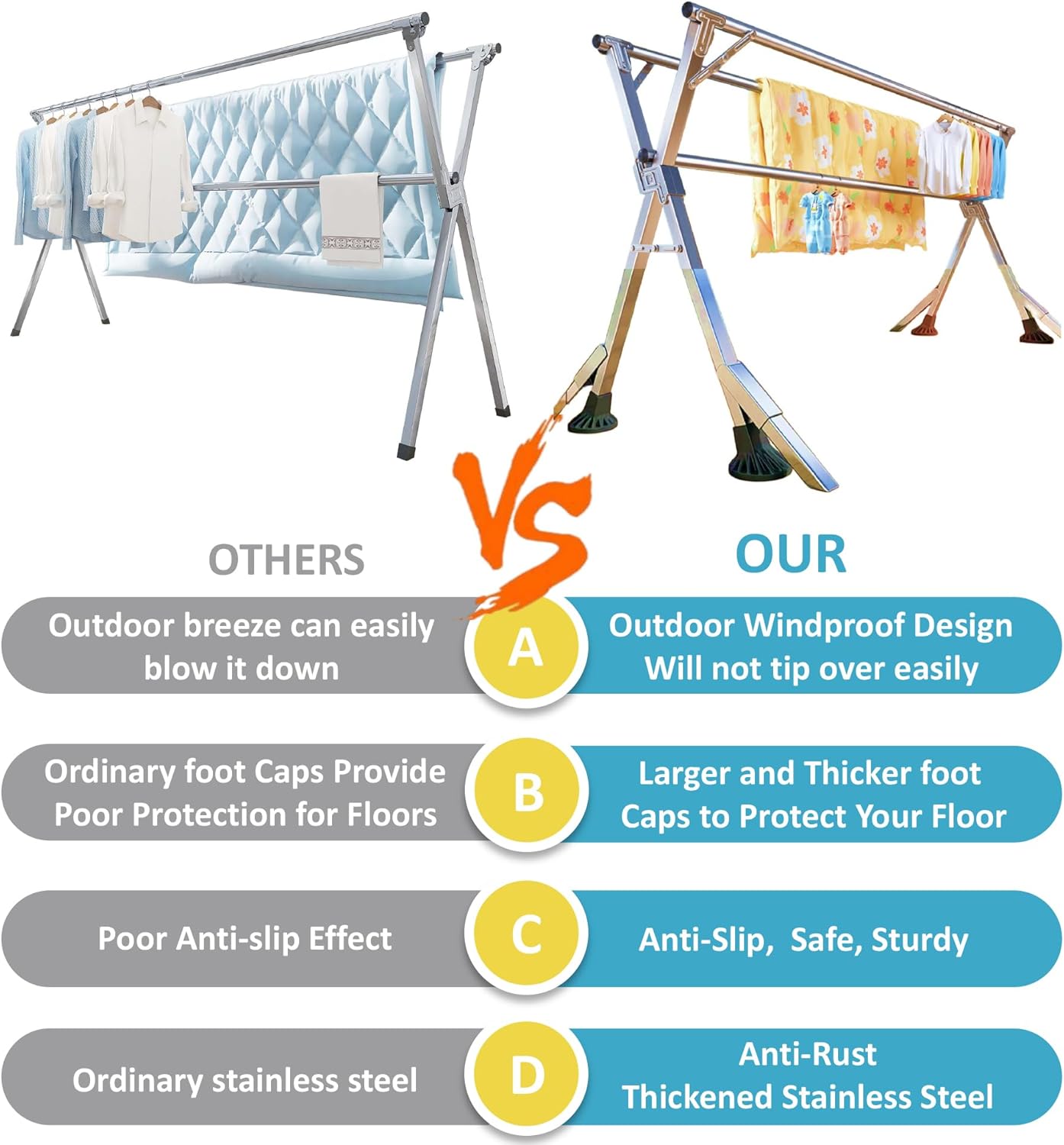 95 Inches Clothes Drying Rack Clothing Windproof Design, Heavy Duty Stainless Steel Laundry Drying Rack Folding Indoor Outdoor, Foldable Portable Clothing Racks for Hanging Clothes, 20 Hooks 12 Clips