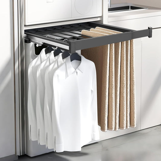 YJINGRUI Pull Out Trousers Rack for Closet, 11 Rods Retractable Wardrobe Trousers Rack, 66lb Closet Organizer with Silent Slide, Space-Saving for Wardrobe/Cloakroom/Bedroom/Balcony (23.6-33.5in)