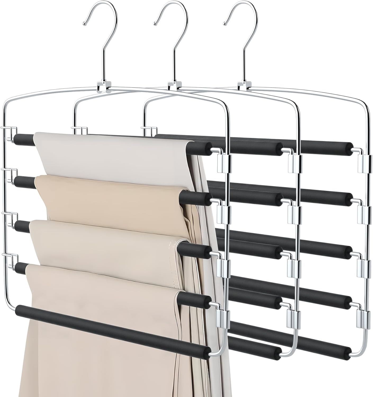 Pants Hangers, 6 Pack Anti-Slip Space Saving Hangers, 5 Layer Swing Arm Pants Hanger Stainless Steel with Non-Slip Padding, Closet Organizers & Storage for Pants Trousers Jeans Scarf