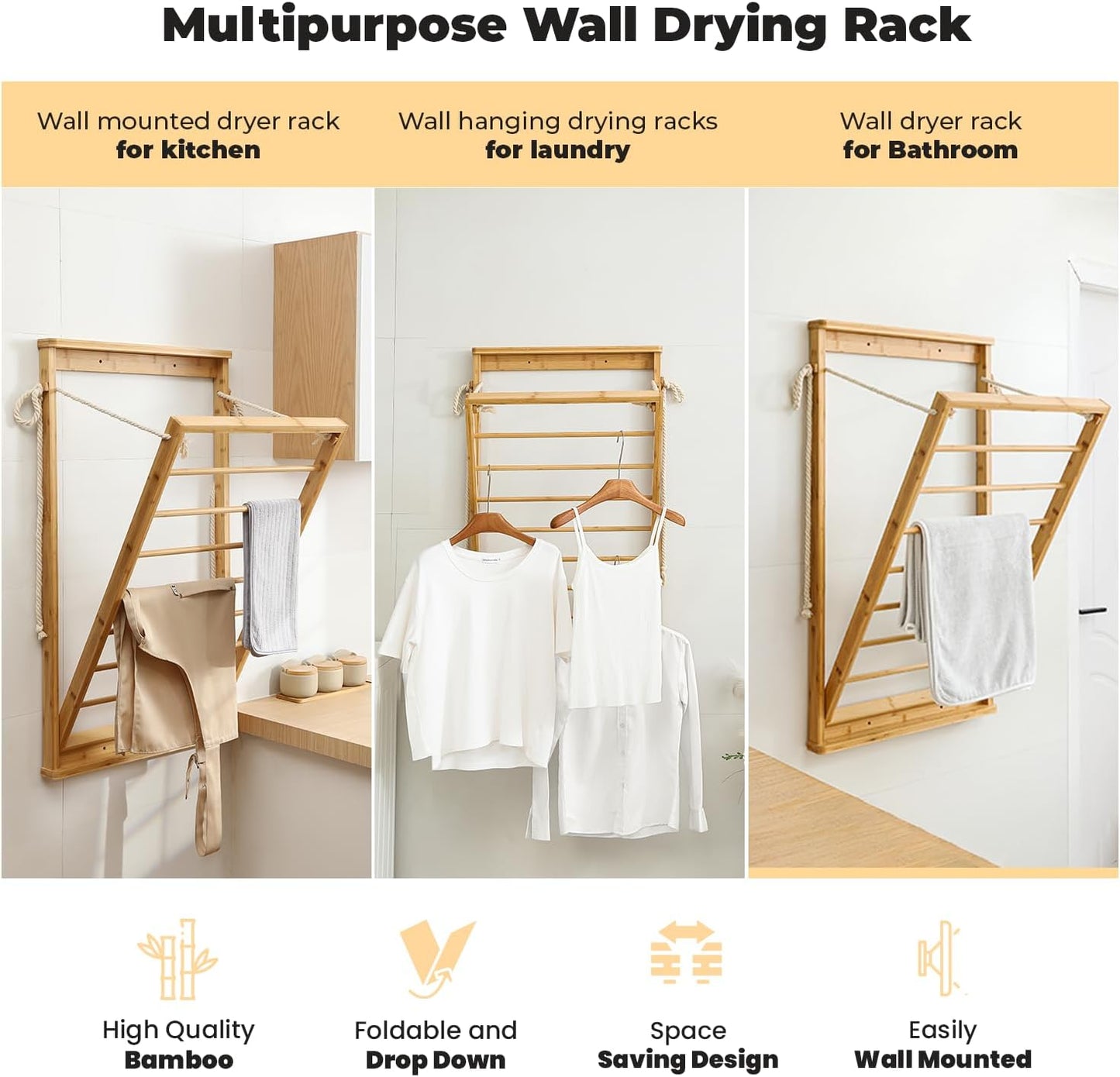 Clothes Drying Rack, Foldable Bamboo Wall Mounted Laundry Rack – Space-Saving, Drop-Down Design – 23" Wide, 40.9" High – Sturdy & Elegant for Home, Laundry Room & Bathroom