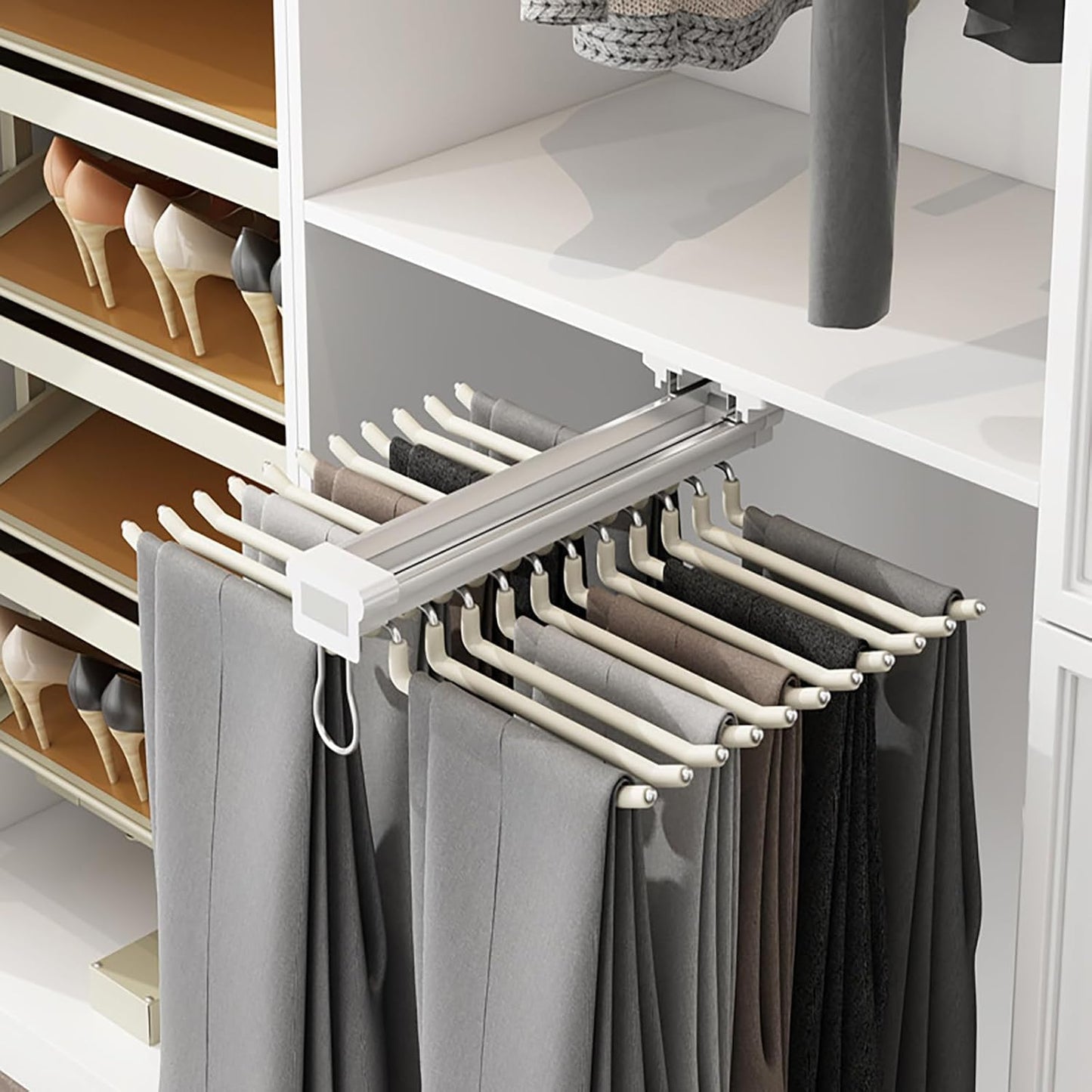 Wardrobe Pull Out Trousers Rack 9 Arms Steel Pants Rack Closet Pants Organizers Top Mounted Trousers Rack Space Saving for Cloakroom Wardrobe Bedroom(Left Side Mounts, 12.83inx18.11iin)