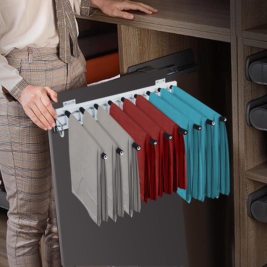Wardrobe Pull Out Trousers Rack 9 Arms Steel Pants Rack Closet Pants Organizers Top Mounted Trousers Rack Space Saving for Cloakroom Wardrobe Bedroom(Left Side Mounts, 12.83inx18.11iin)