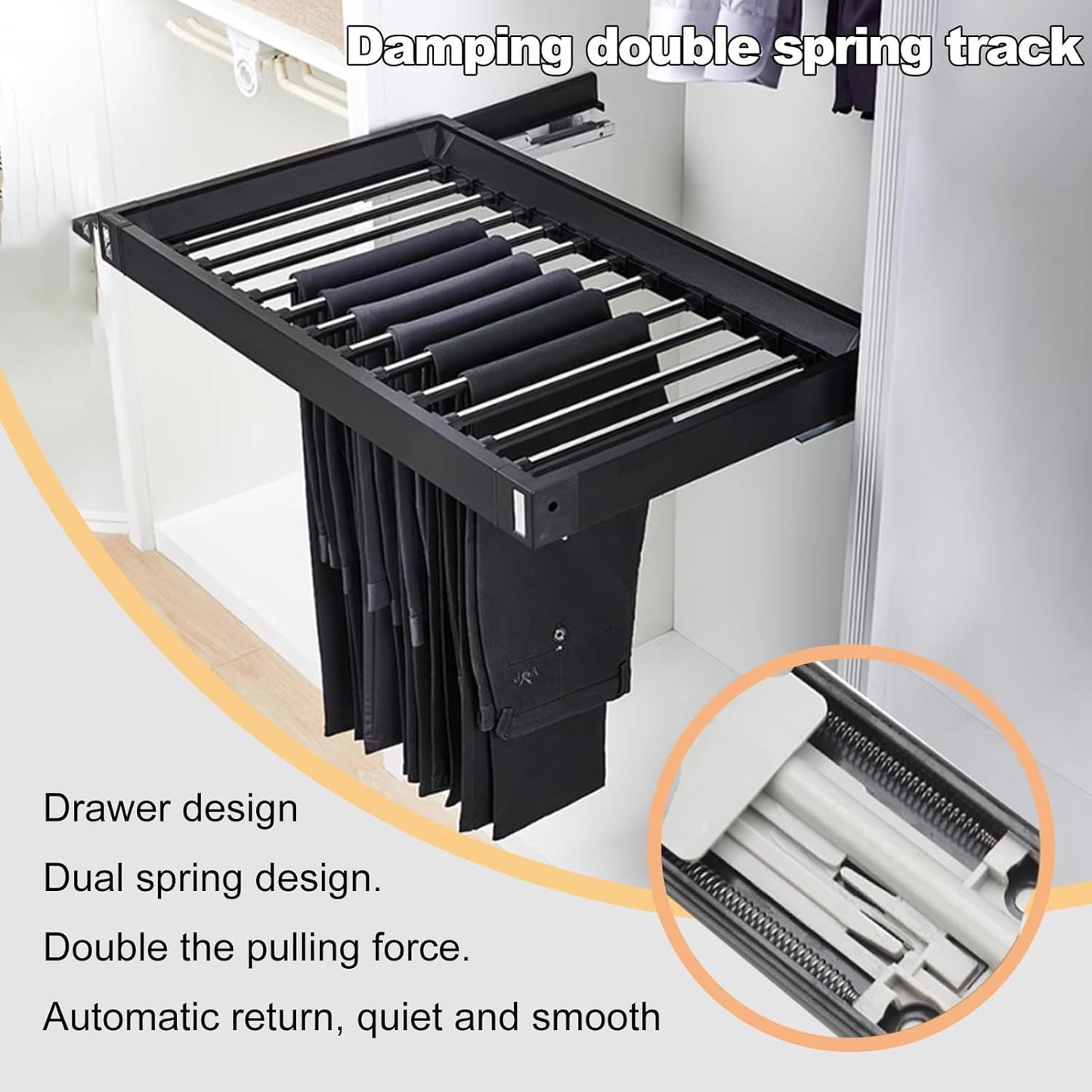23.6-33.4" Pull Out Trousers Rack for Closet, Space Saving Wardrobe Pants Hangers, Black Adjustable Width Retractable Jeans Organizer