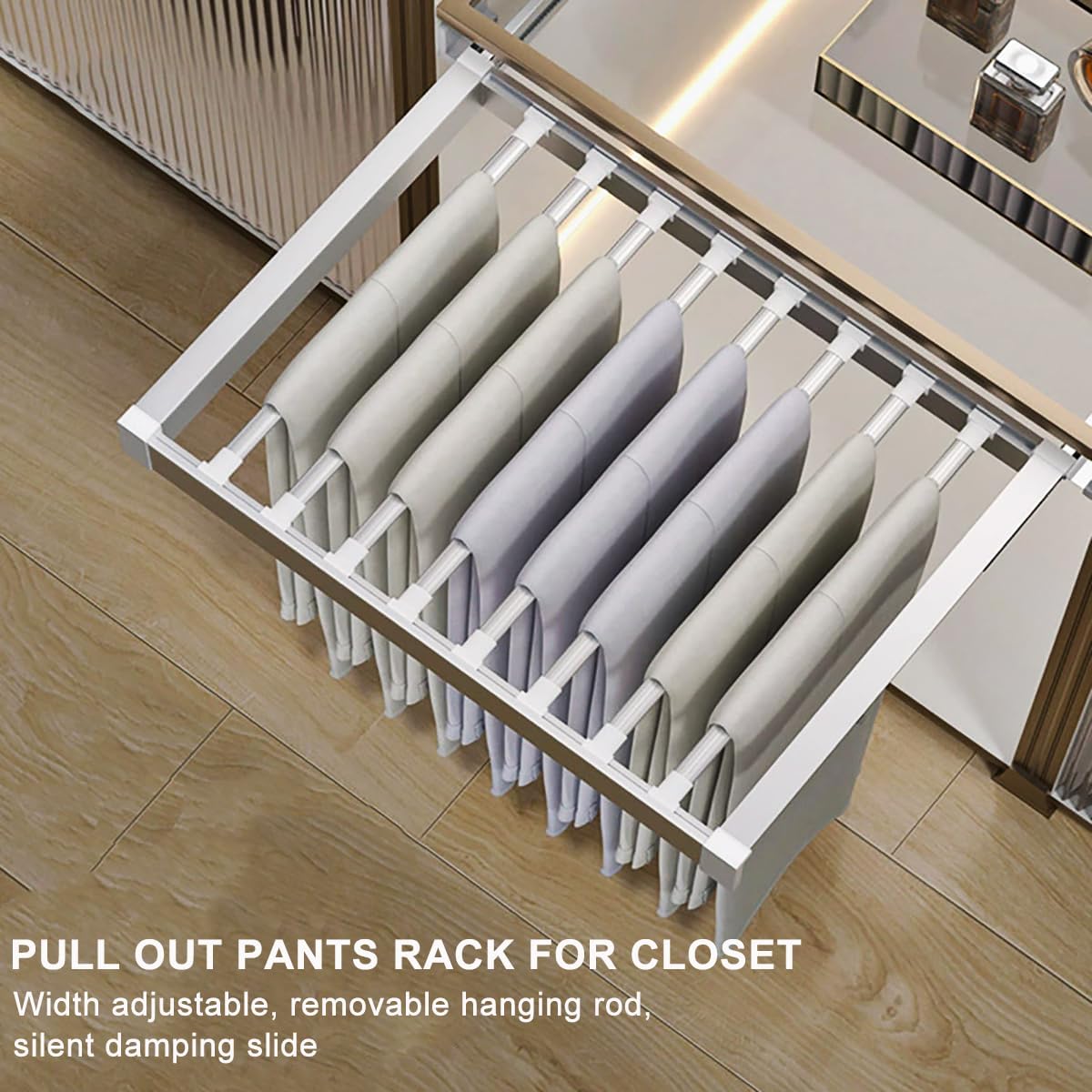Pull Out Pants Rack for Closet, Retractable Clothes Trousers Hanger Above Washing Machine, Space Saving Aluminum Alloy Wardrobe Drying Rack Organizer (White, for 17.7"~23.6" Opening)