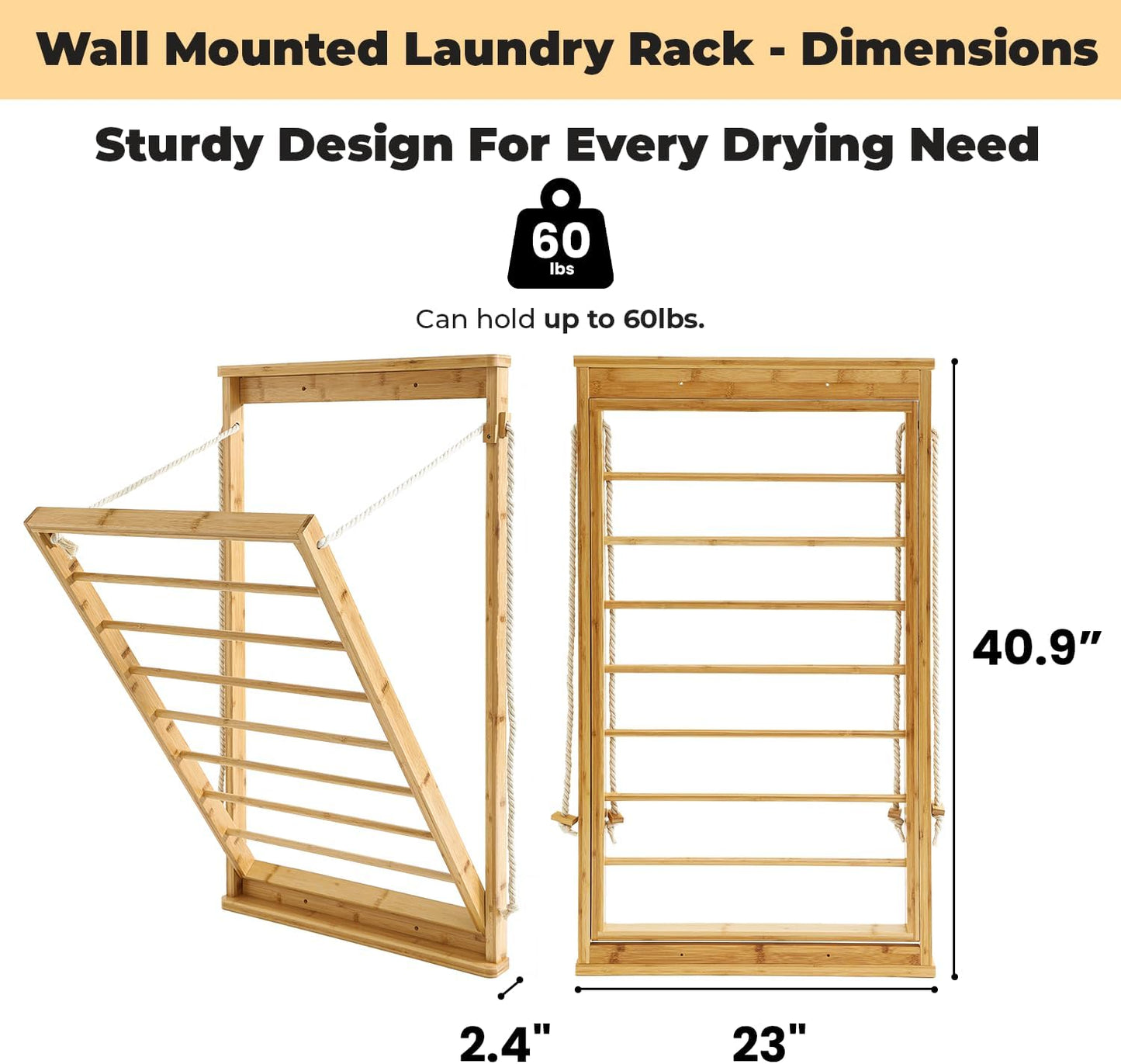 Clothes Drying Rack, Foldable Bamboo Wall Mounted Laundry Rack – Space-Saving, Drop-Down Design – 23" Wide, 40.9" High – Sturdy & Elegant for Home, Laundry Room & Bathroom
