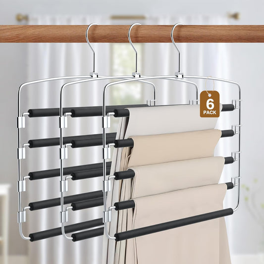 Pants Hangers, 6 Pack Anti-Slip Space Saving Hangers, 5 Layer Swing Arm Pants Hanger Stainless Steel with Non-Slip Padding, Closet Organizers & Storage for Pants Trousers Jeans Scarf