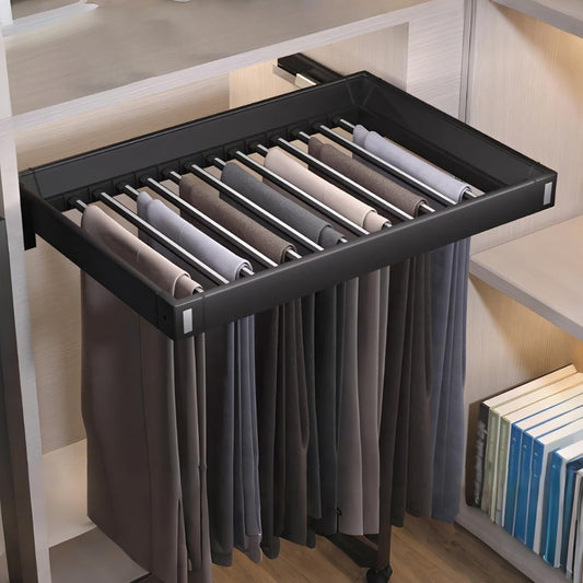 23.6-33.4" Pull Out Trousers Rack for Closet, Space Saving Wardrobe Pants Hangers, Black Adjustable Width Retractable Jeans Organizer
