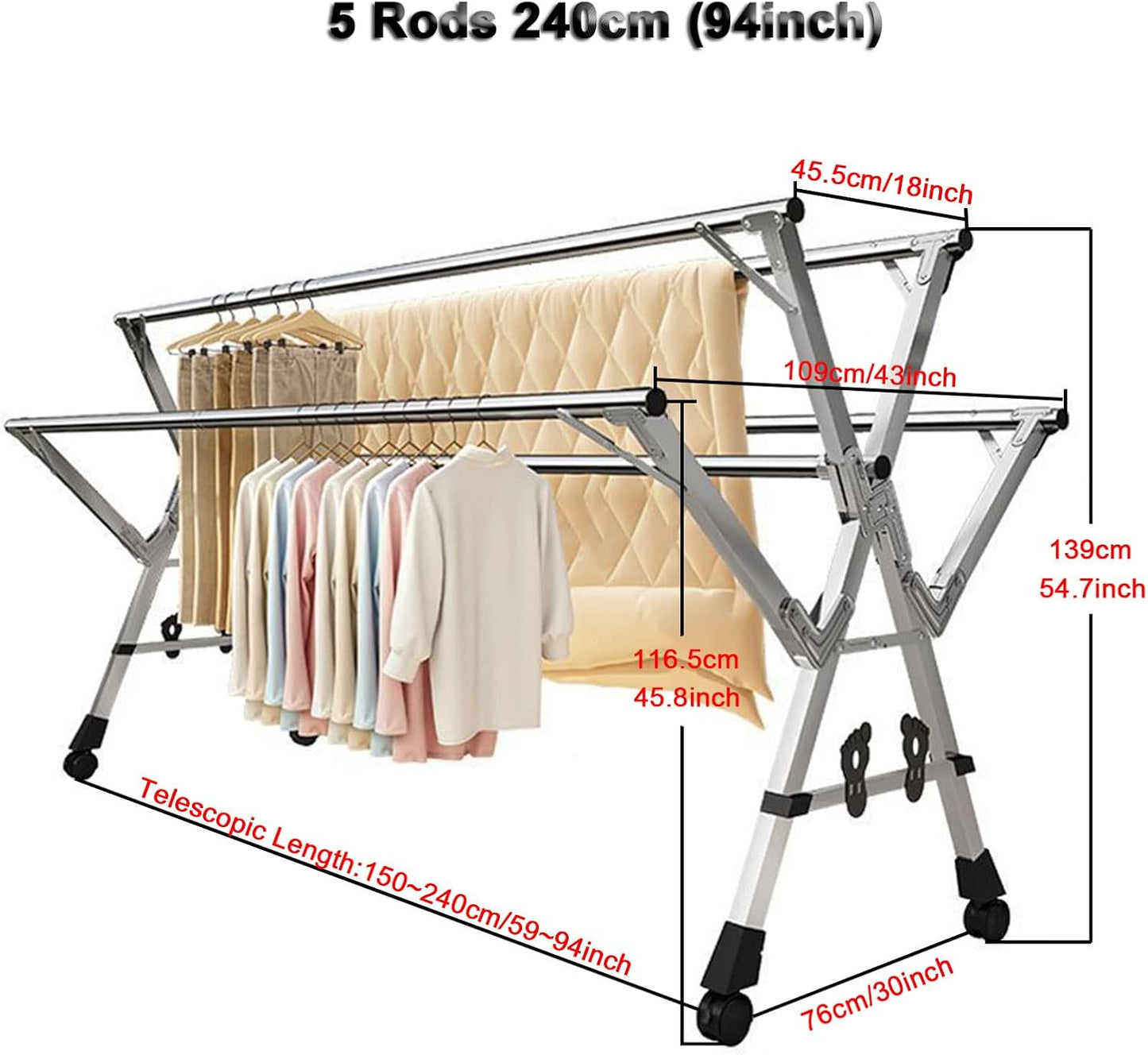 Clothes Drying Rack 5 rods,Adjustable Drying Rack-Indoor Outdoor Foldable Garment Rack Stainless Steel Reinforced Clothes Drying Rack