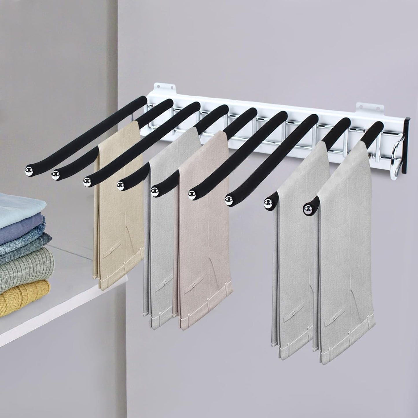 Wardrobe Pull Out Trousers Rack 9 Arms Steel Pants Rack Closet Pants Organizers Top Mounted Trousers Rack Space Saving for Cloakroom Wardrobe Bedroom(Left Side Mounts, 12.83inx18.11iin)